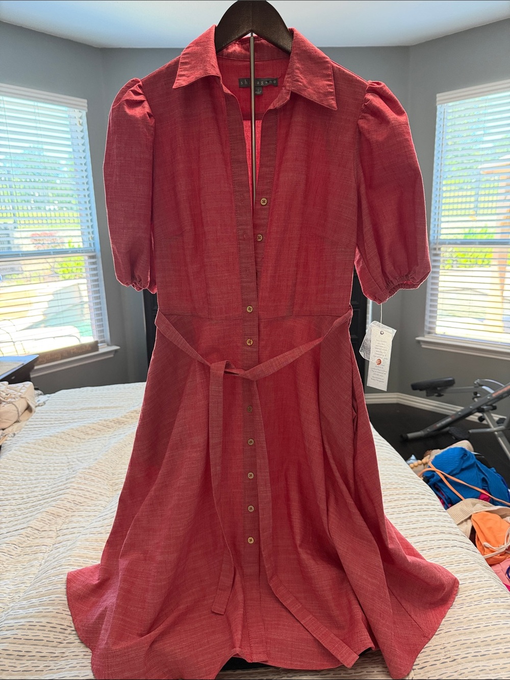Sharagano Red Midi Shirt Dress with Tie Waist